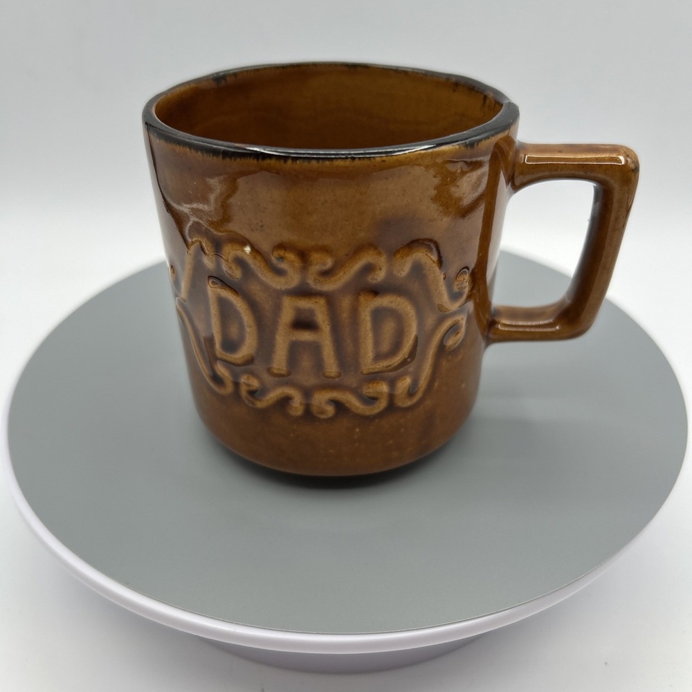Vintage 70s “DAD” Embossed Drip Glazed Warm Leather Brown Mug #3 MCM Retro